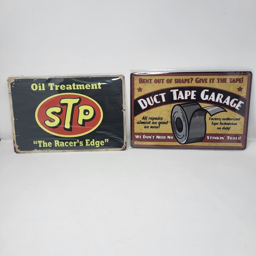 Lot‎ Of 2 Metal Vintage Retro Look Mancave Workshop Garage Sign Signage Oil Duct
